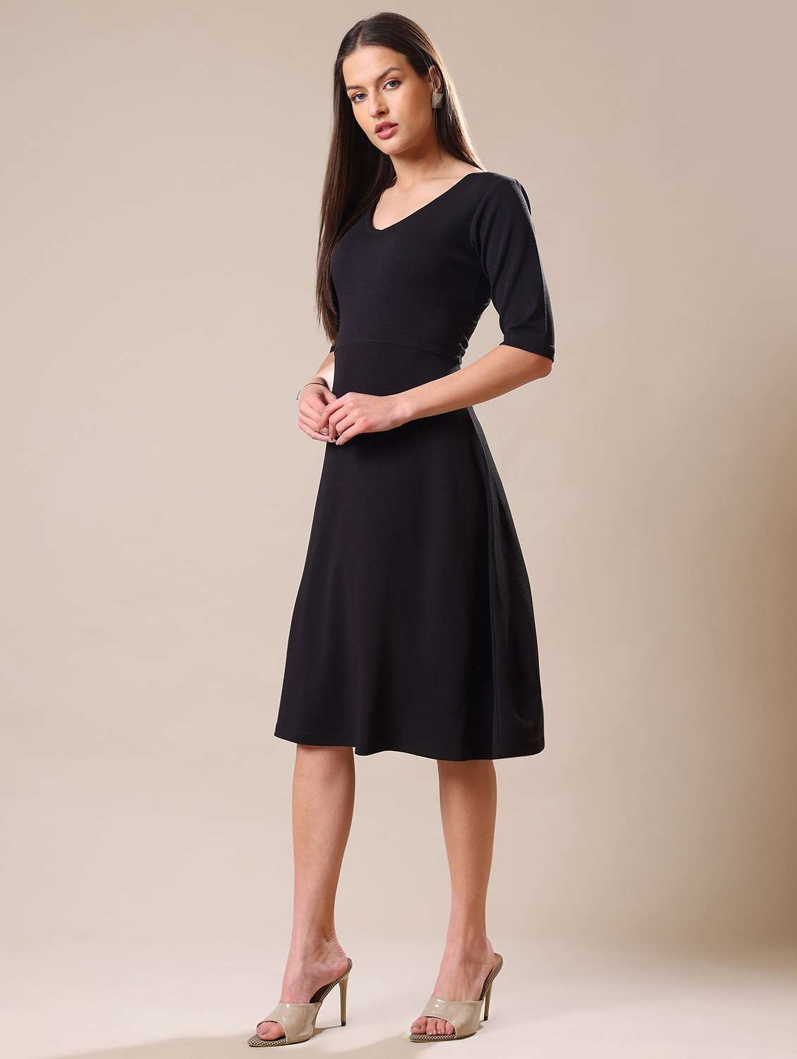 women solid three quarter sleeves a-line dress - 22549128 -  Standard Image - 3
