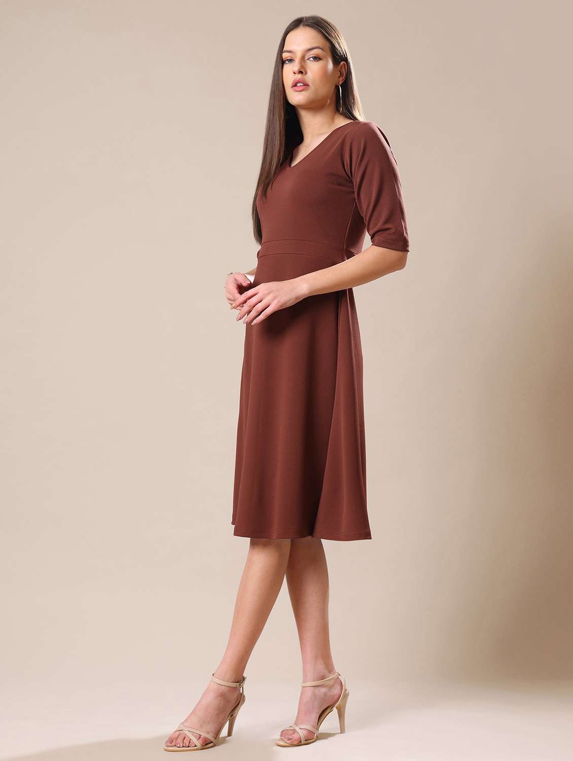 women solid three quarter sleeves a-line dress - 22549129 -  Standard Image - 3