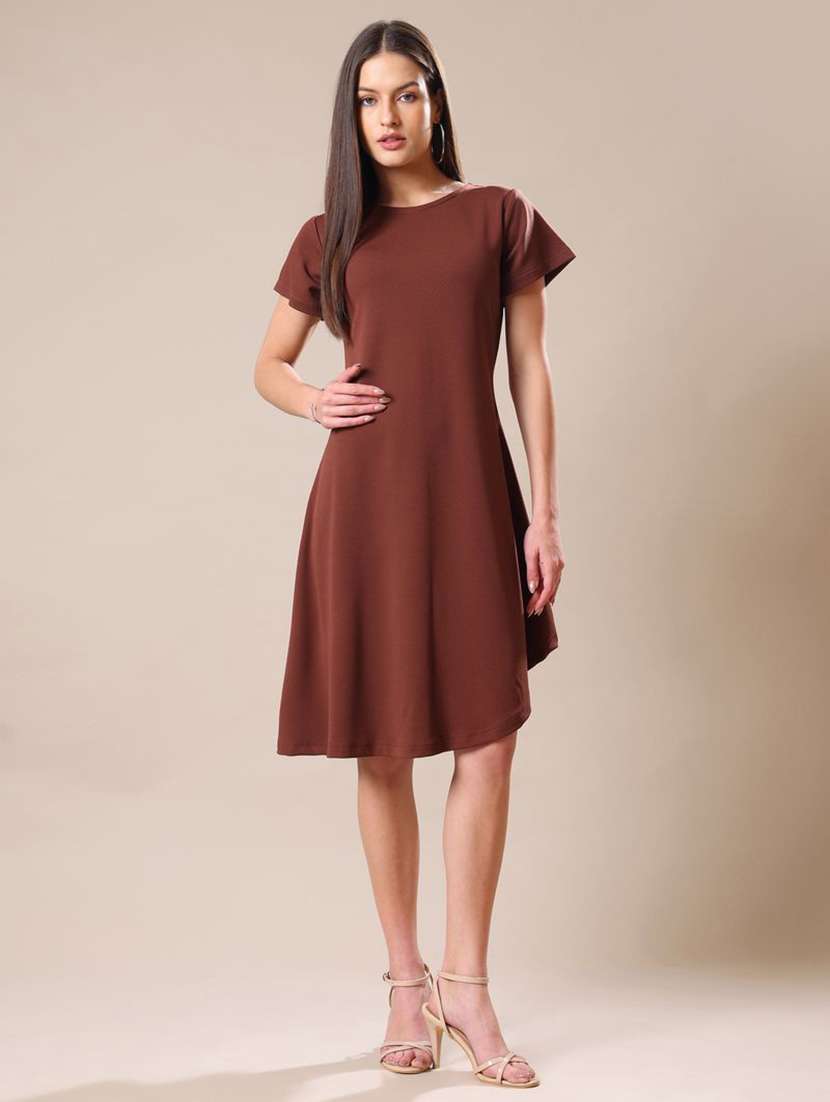 women solid short sleeves asymmetric dress