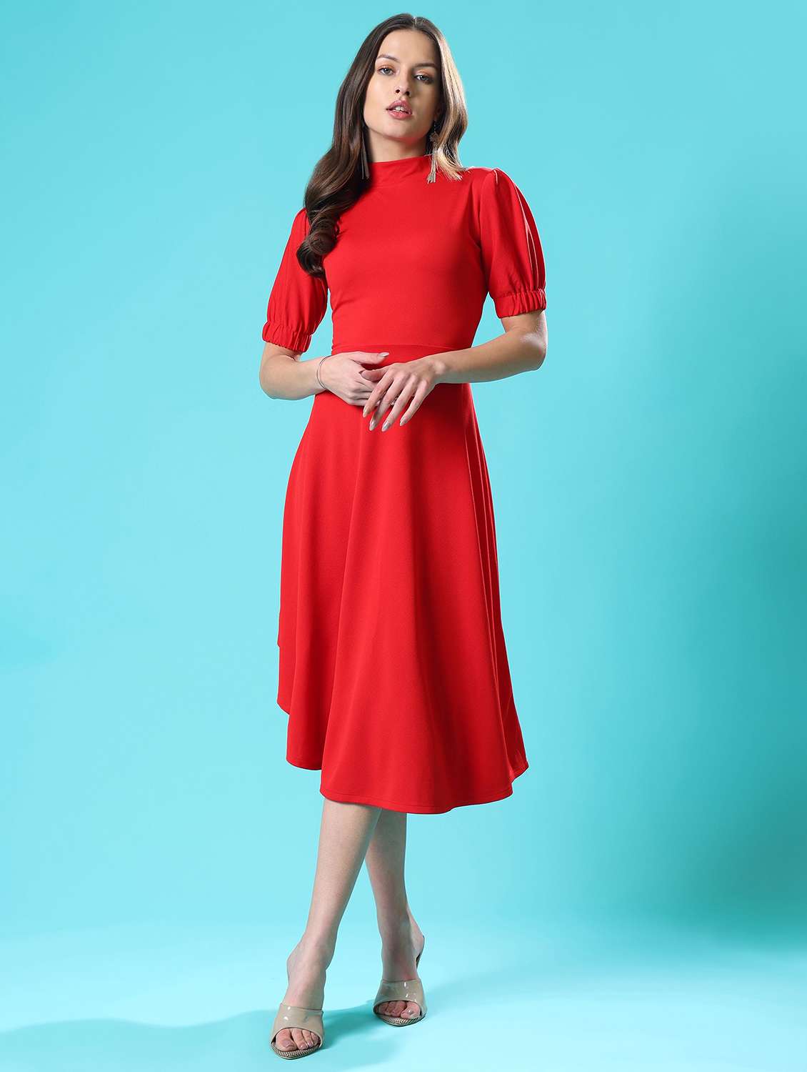 women printed puff sleeves fit and flare dress