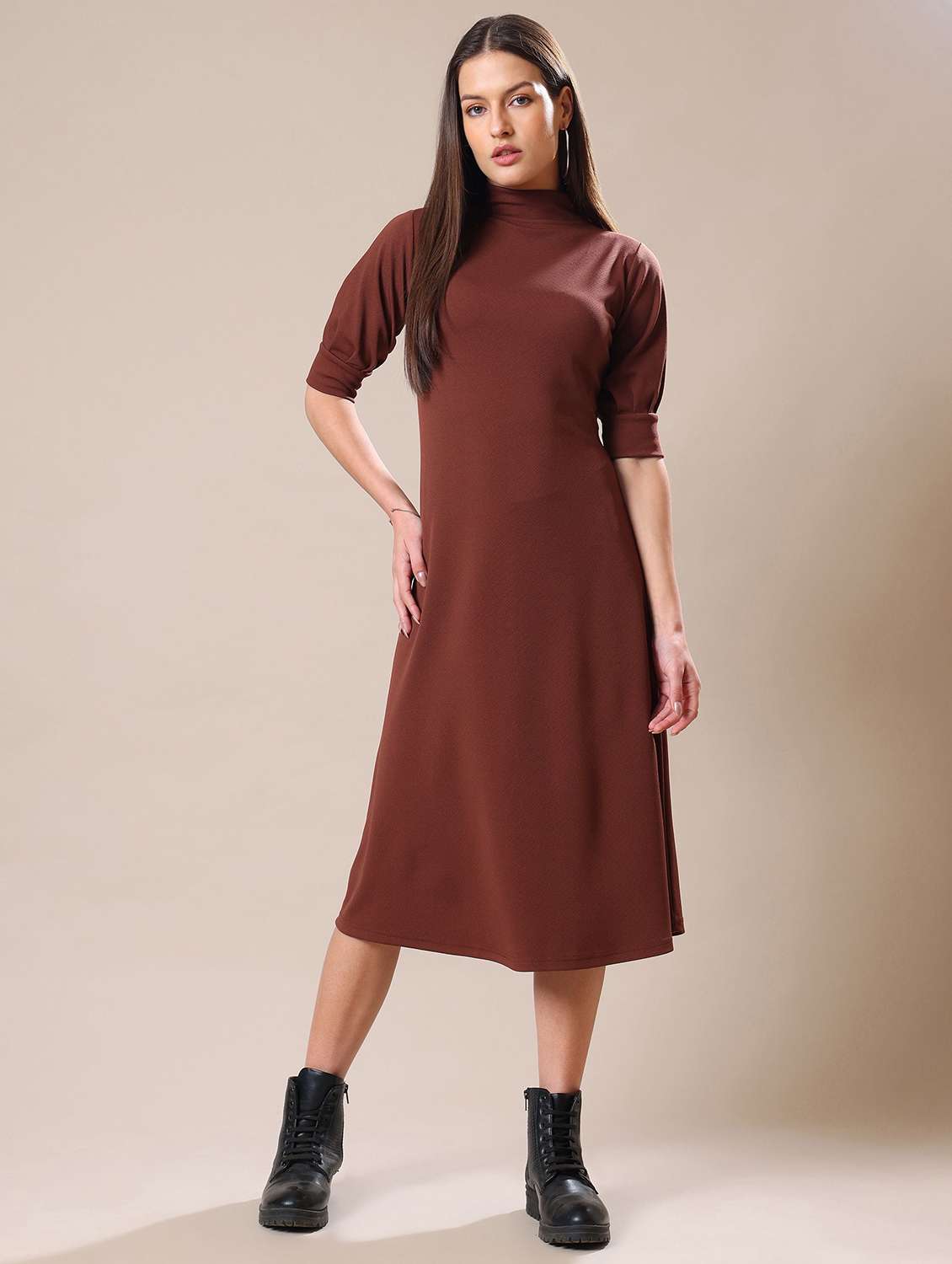 women solid high neck a-line dress
