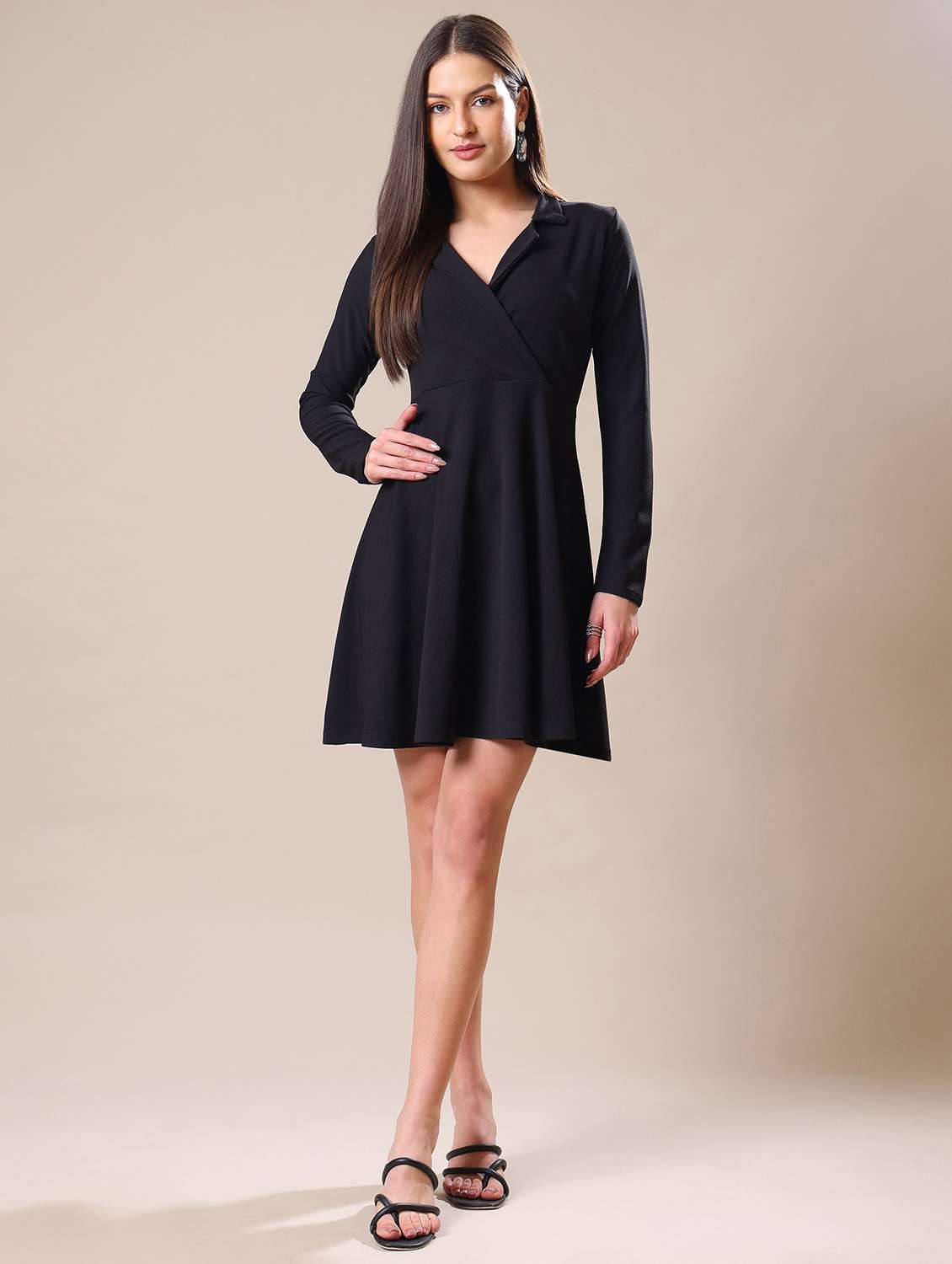 women solid lapel collared fit and flare dress