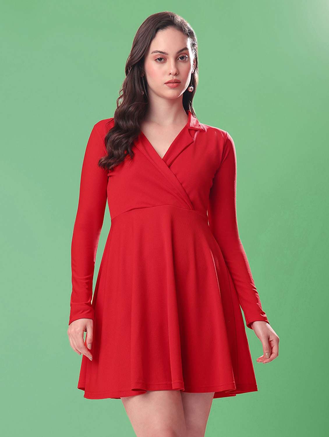 women solid lapel collared fit and flare dress