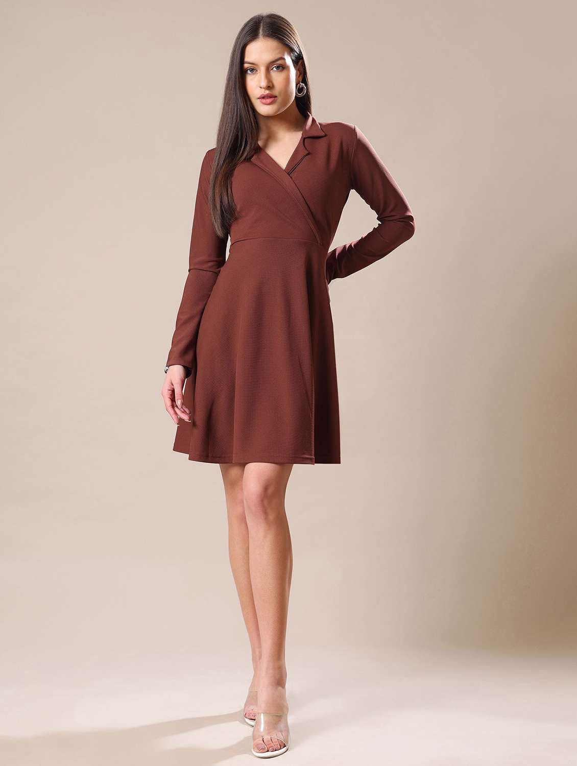 women solid lapel collared fit and flare dress