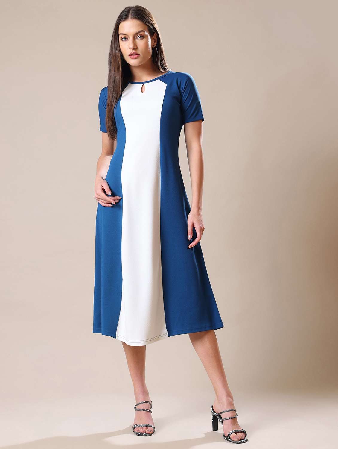 women colourblocked round neck a-line dress