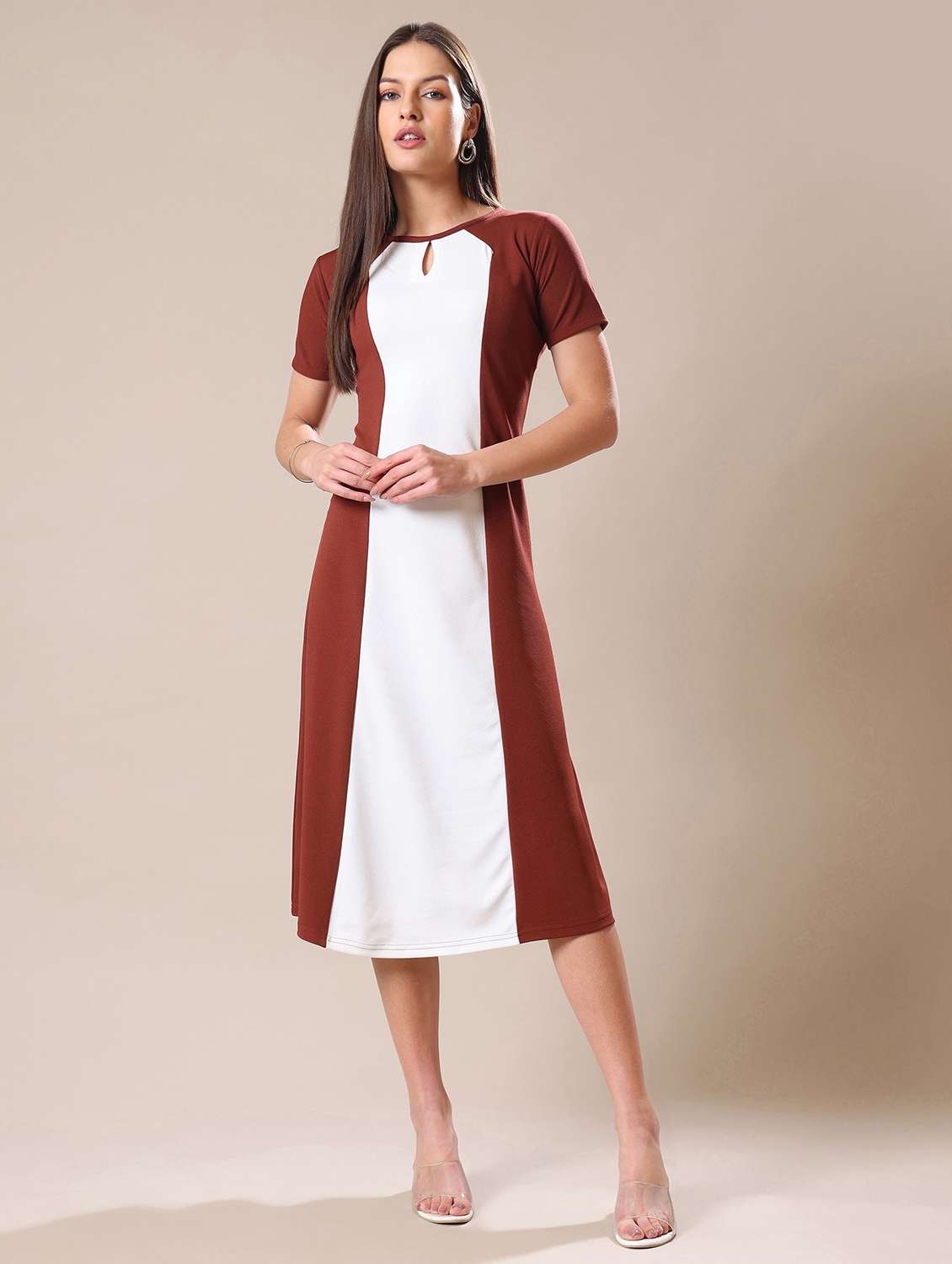 women colourblocked round neck a-line dress