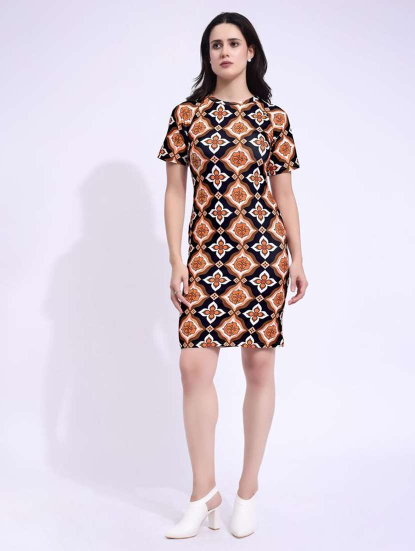 women printed short sleeves bodycon dress