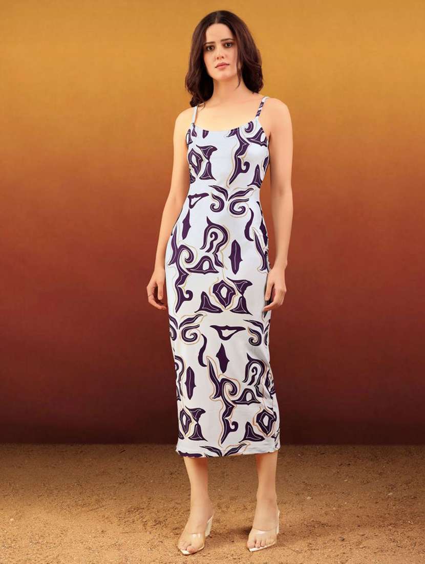 women printed shoulder strap bodycon dress