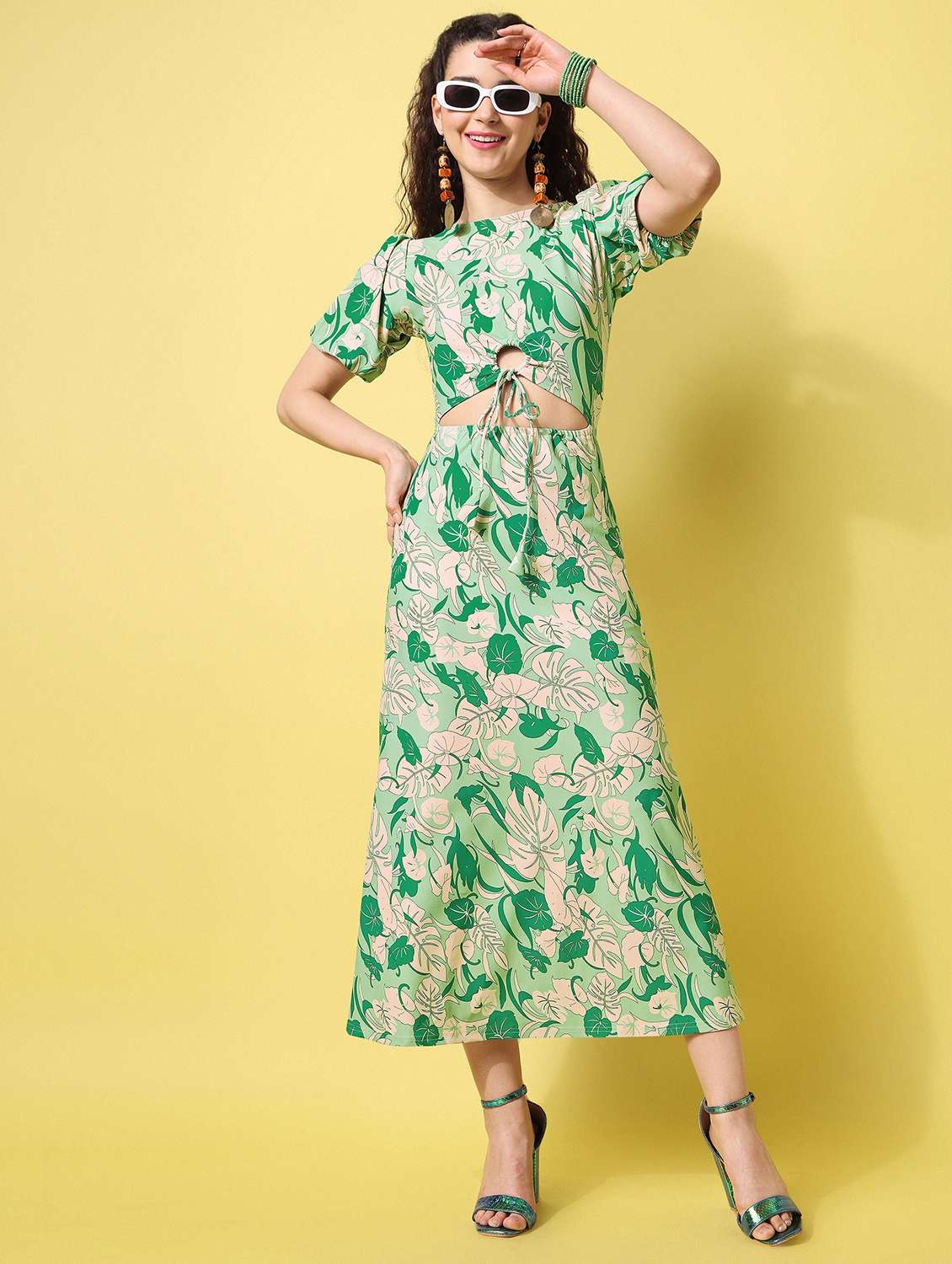 women printed short sleeves a-line dress