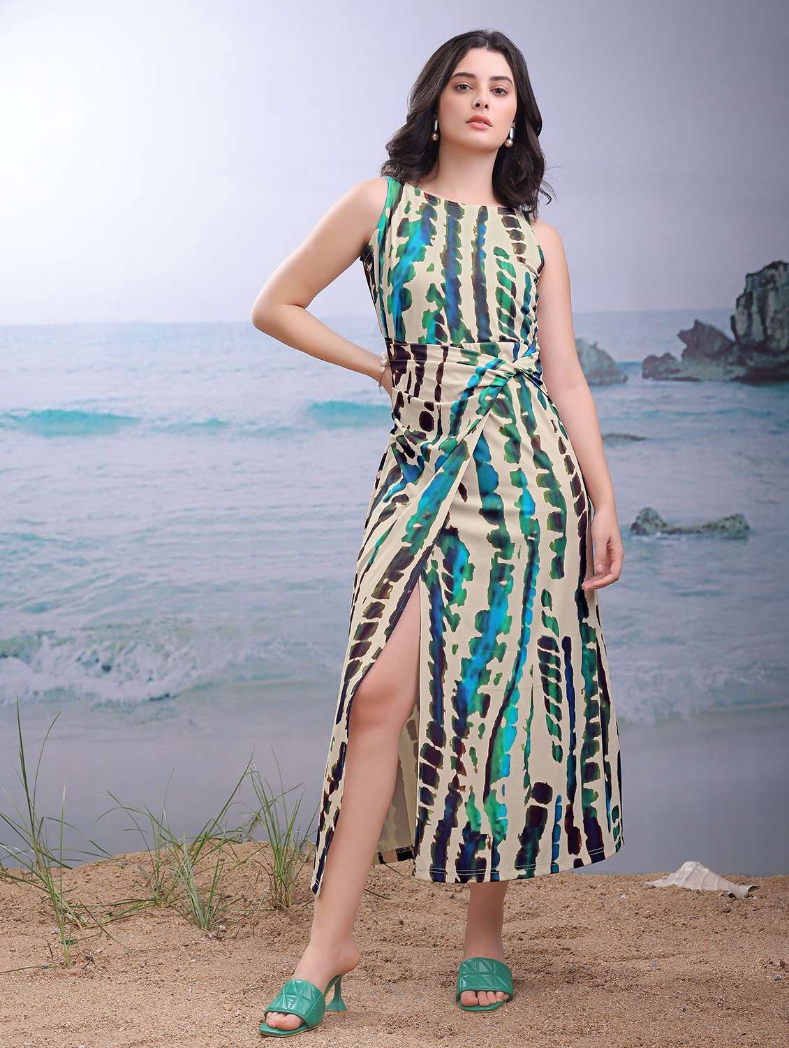 women printed sleeveless a-line dress