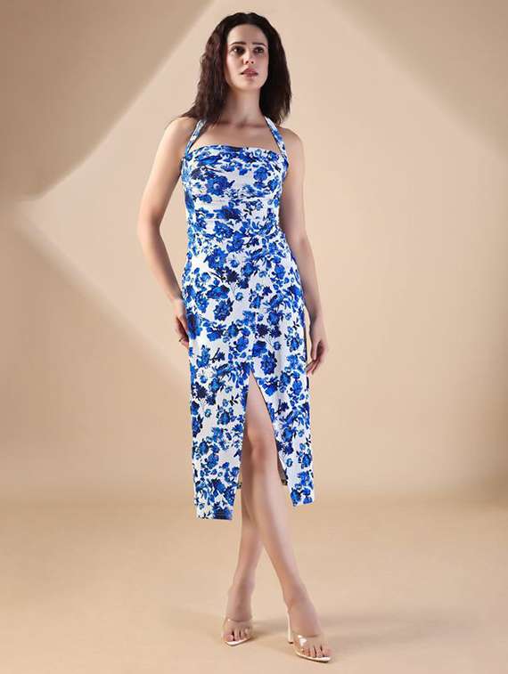 women printed halter neck a-line dress
