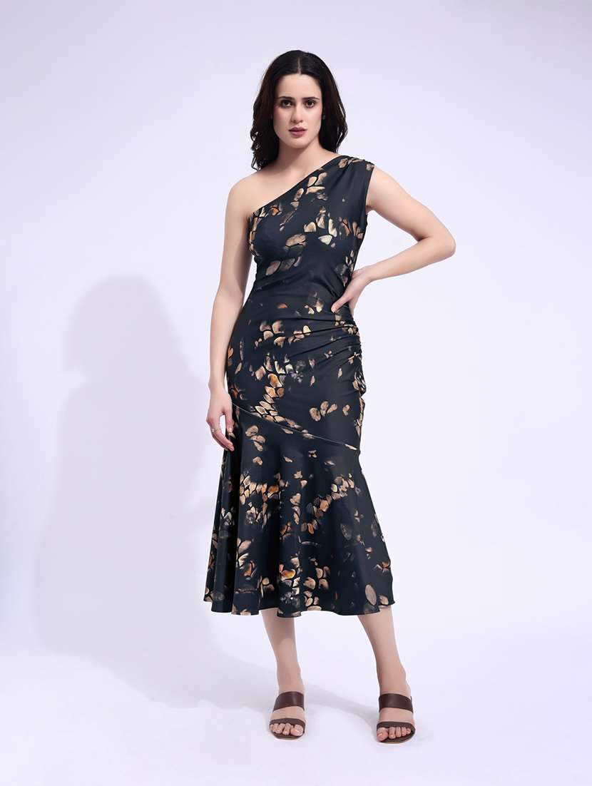 women printed single shoulder sheath dress