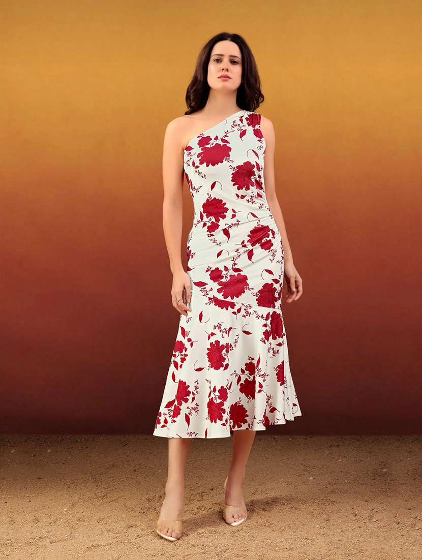 women printed single shoulder sheath dress