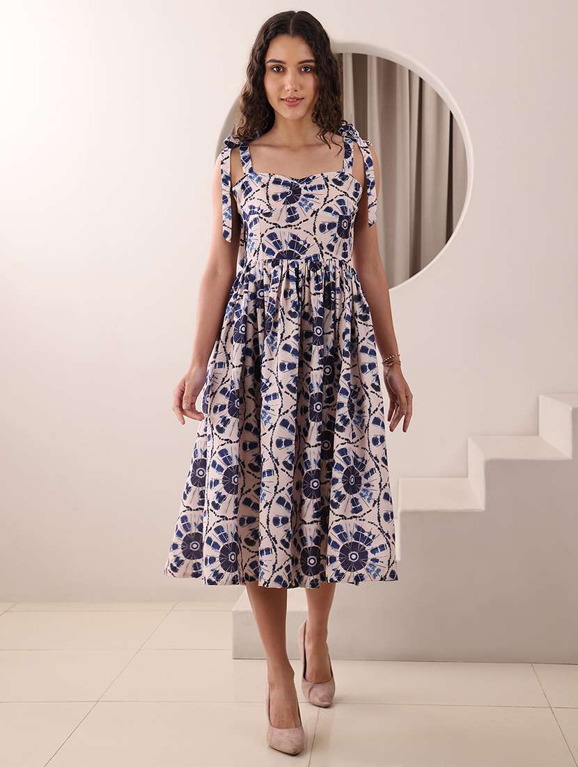 women printed shoulder strap fit and flare dress