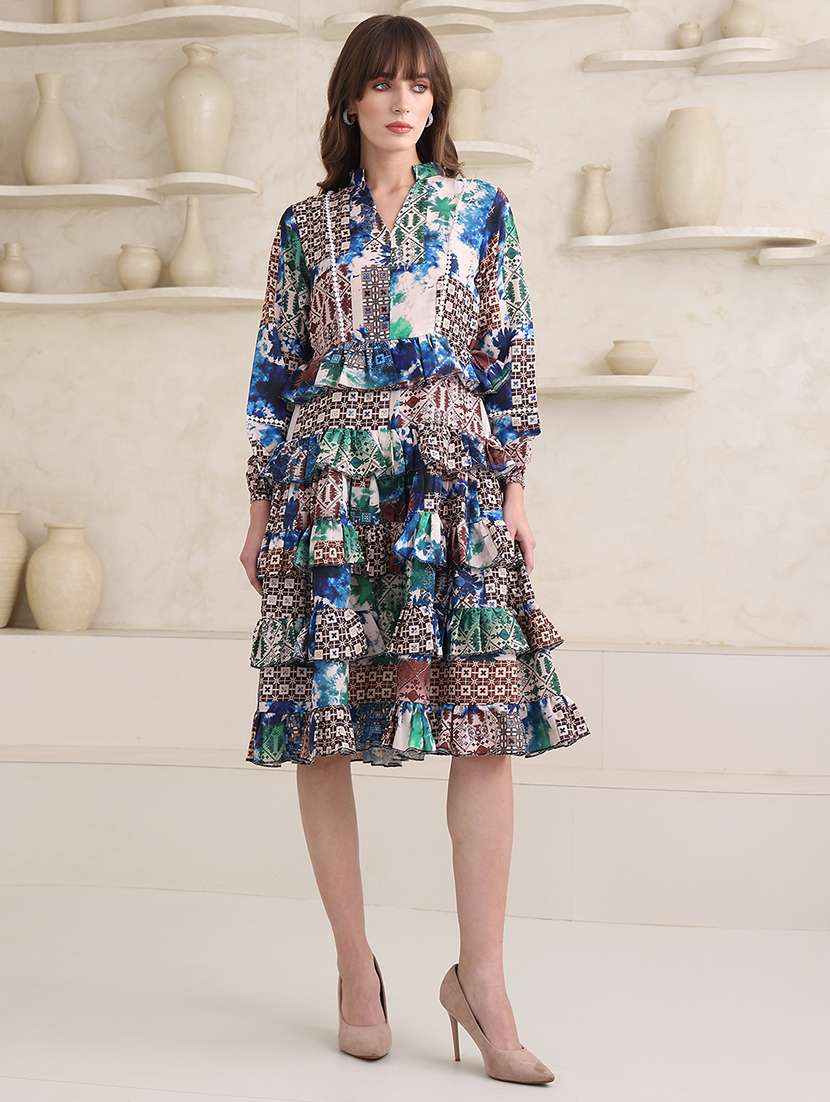 women printed long sleeves ruffle dress