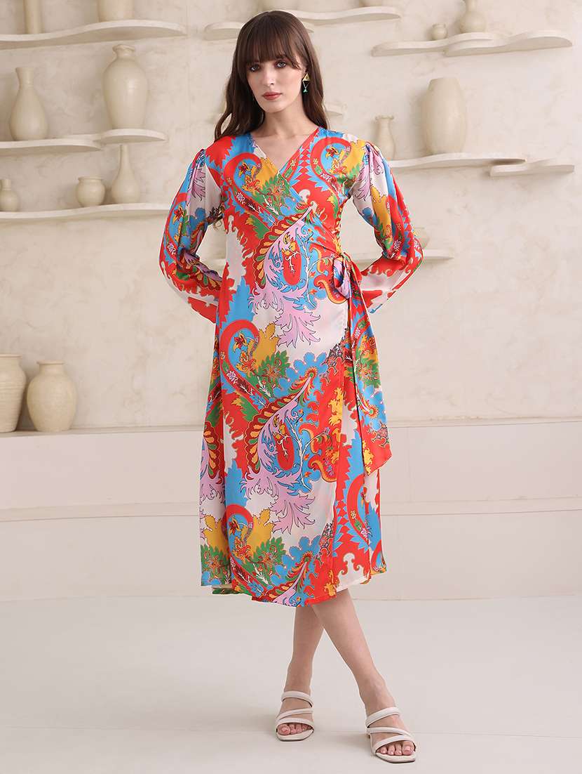 women printed long sleeves wrap dress
