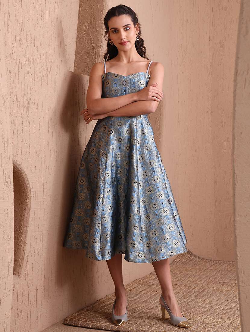 women self design shoulder strap fit and flare dress