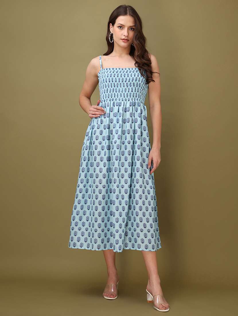 women printed shoulder strap fit and flare dress