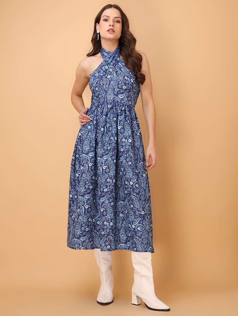 women printed sleeveless fit and flare dress