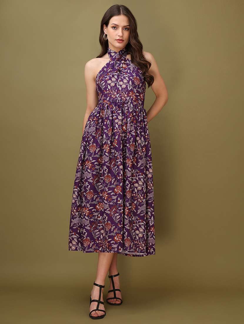 women printed sleeveless fit and flare dress