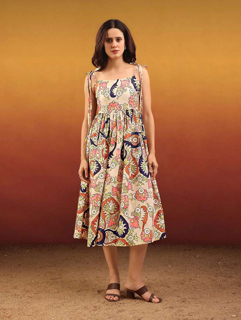women printed shoulder strap fit and flare dress
