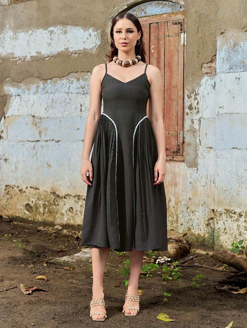 women solid shoulder strap fit and flare dress