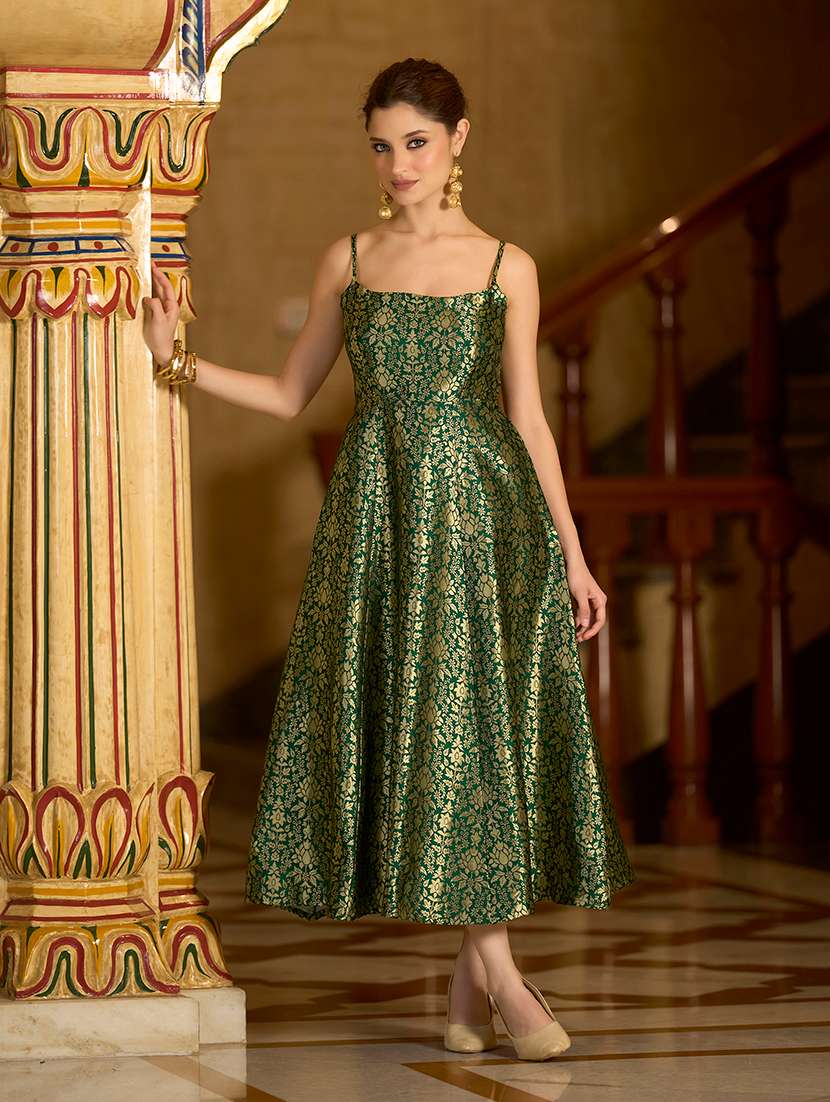women self design shoulder strap fit and flare dress