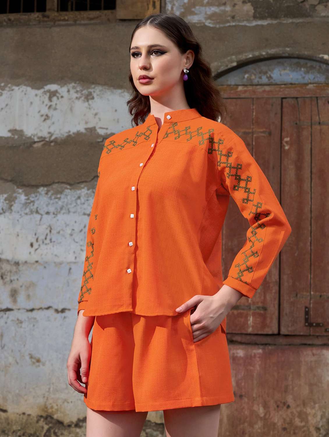 women embroidered long sleeves regular shirt