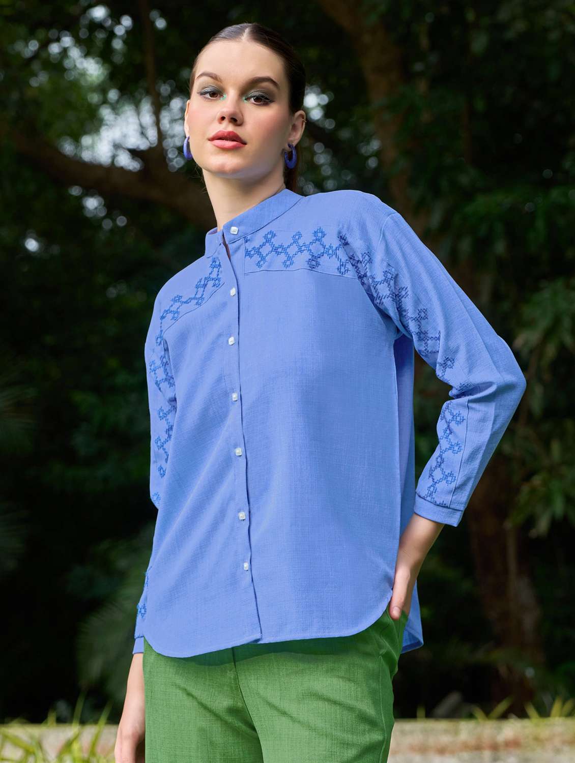 women embroidered long sleeves regular shirt