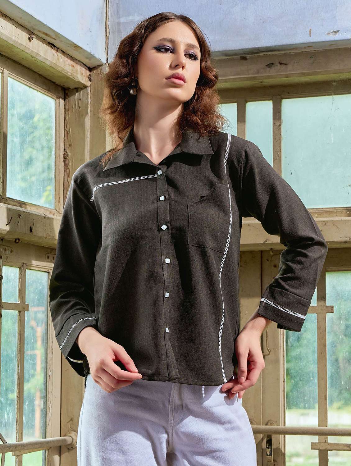 women solid long sleeves regular shirt