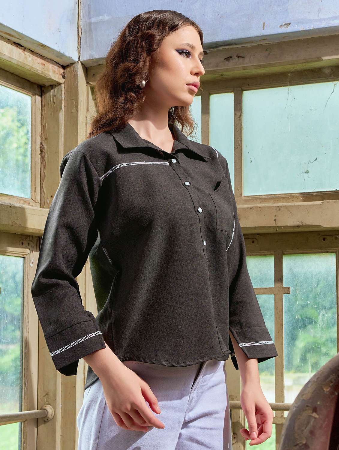 women solid long sleeves regular shirt - 22549553 -  Standard Image - 3
