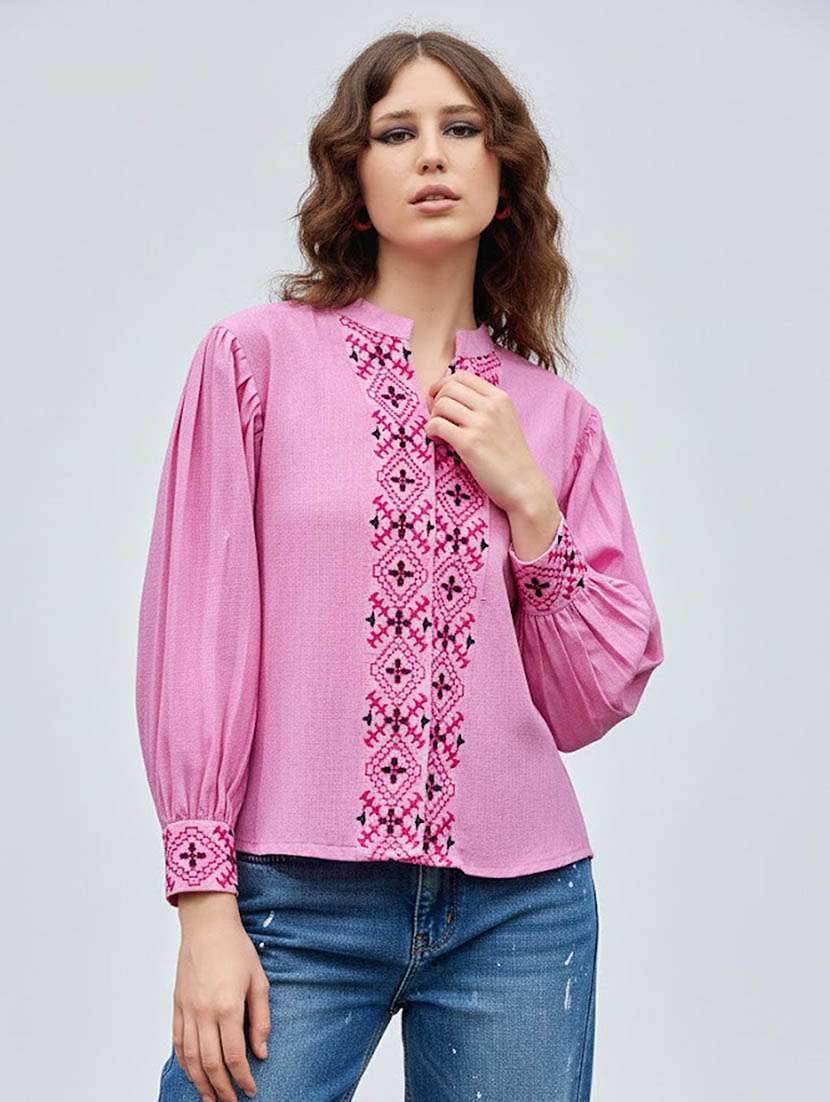 women embroidered bishop sleeves regular shirt