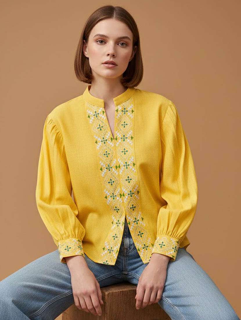 women embroidered bishop sleeves regular shirt