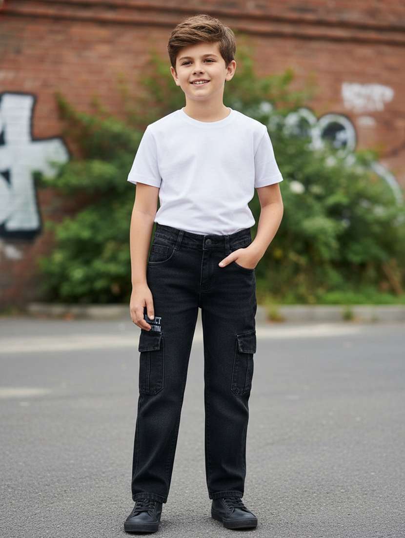 boys typographic printed mid rise cargo jeans