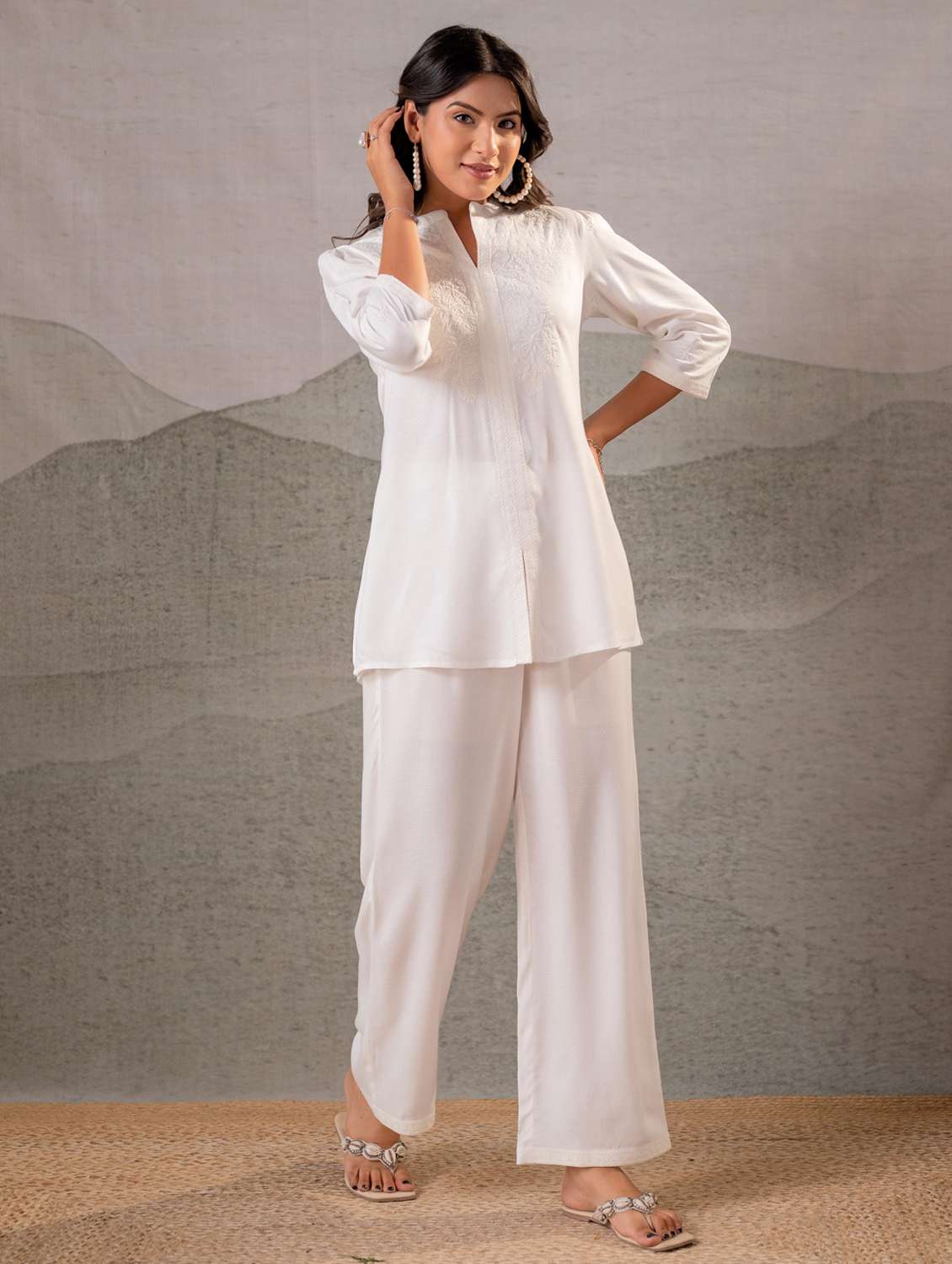 women embroidered three quarter sleeve ethnic co-ord set
