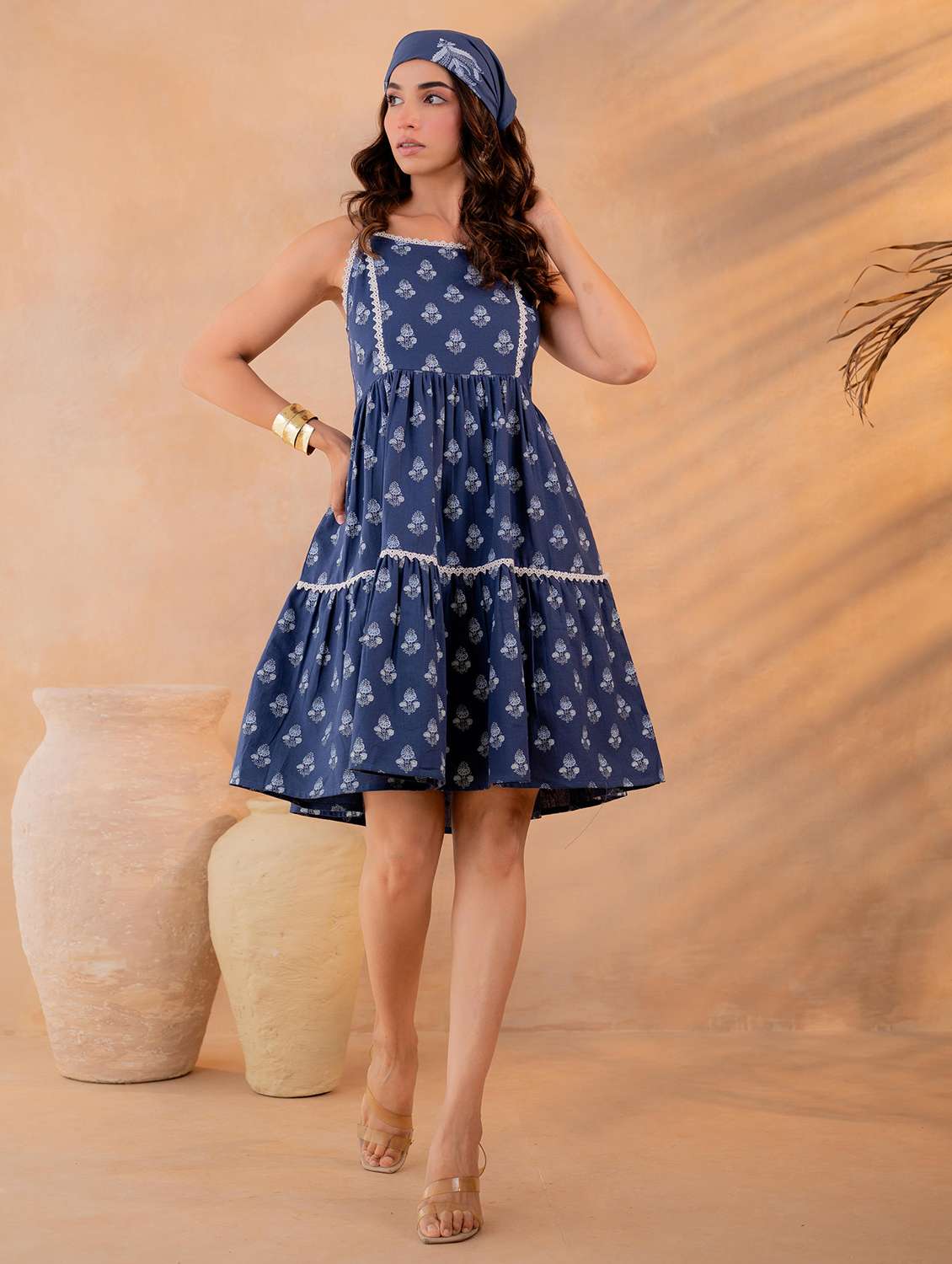 women printed shoulder strap tiered dress