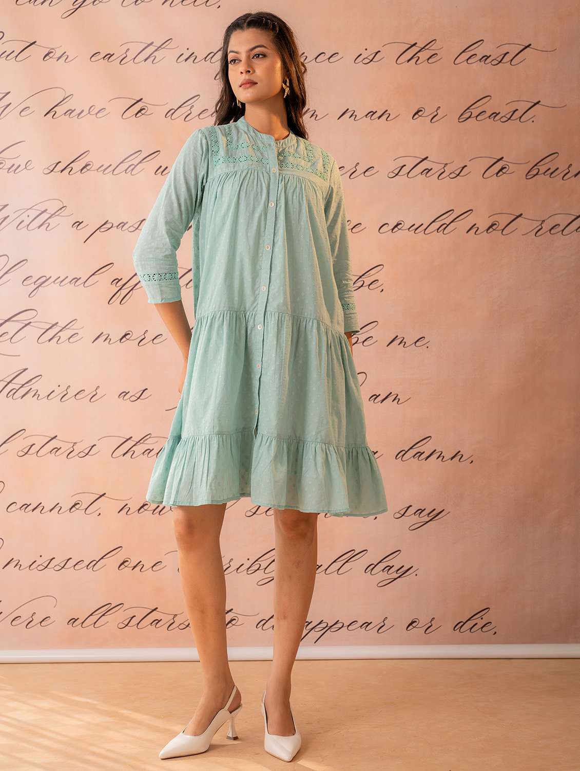 women self design three quarter sleeves tiered dress