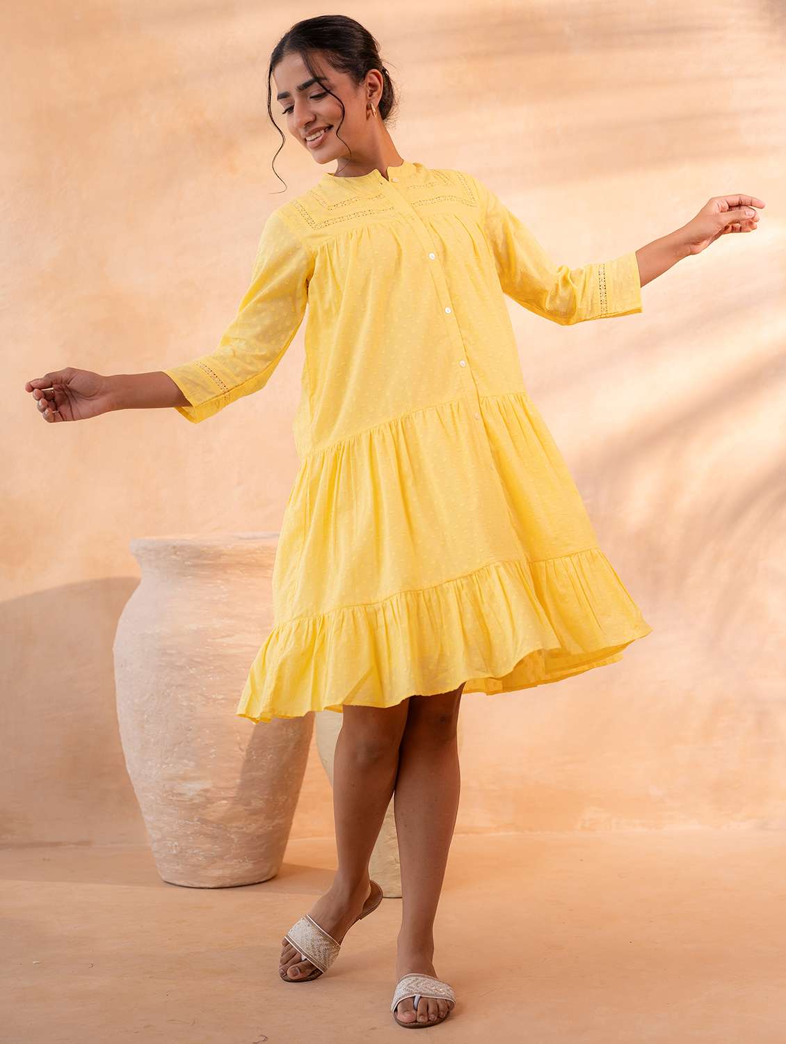 women self design three quarter sleeves tiered dress