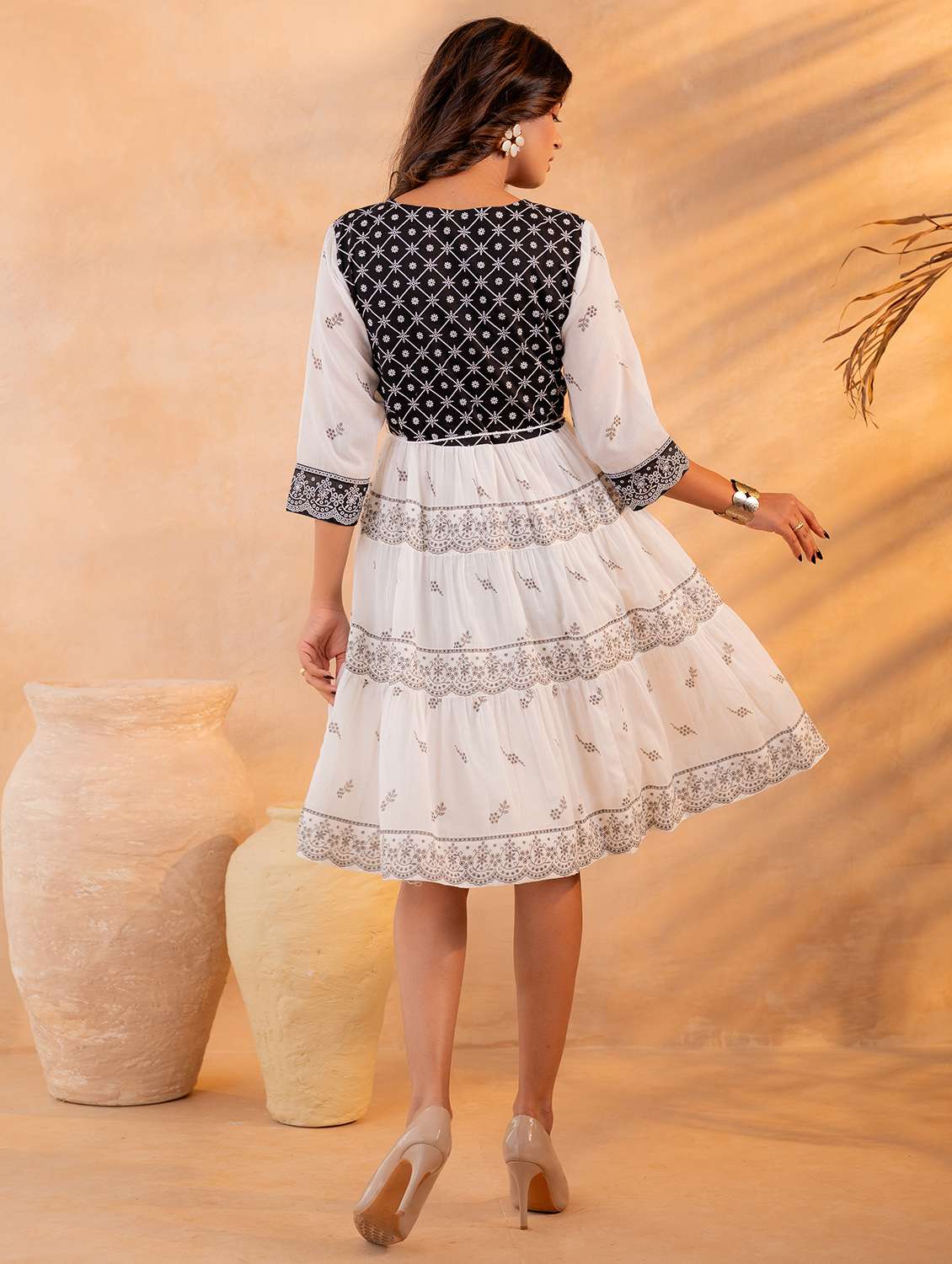 women embroidered three quarter sleeves fit and flare dress - 22550125 -  Standard Image - 3