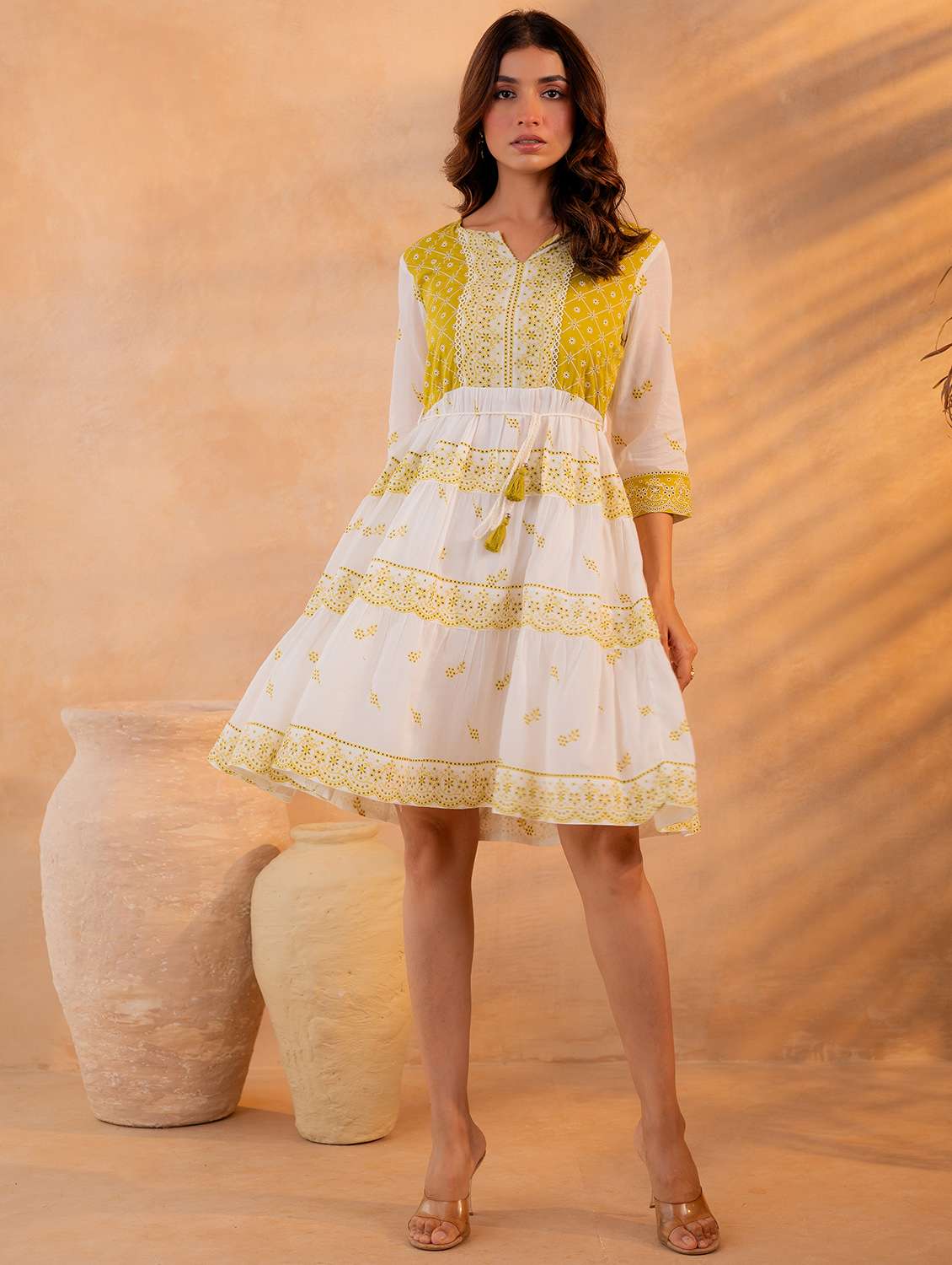 women embroidered three quarter sleeves fit and flare dress