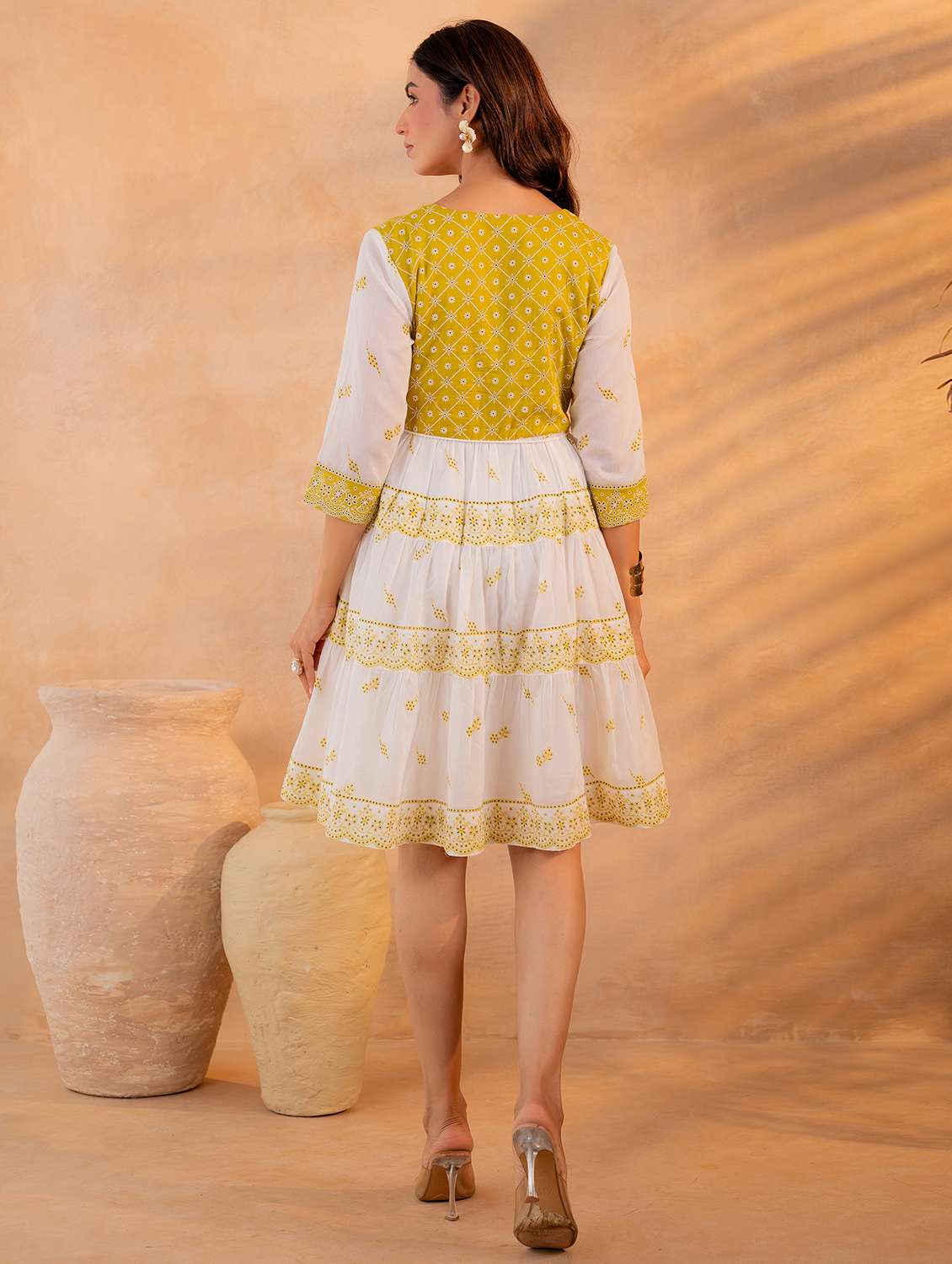 women embroidered three quarter sleeves fit and flare dress - 22550128 -  Standard Image - 3