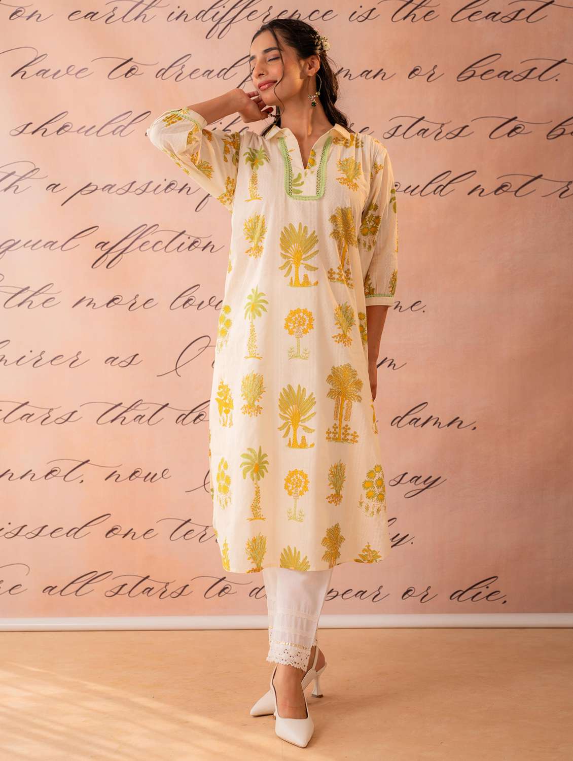 women printed three quarter sleeves straight kurta
