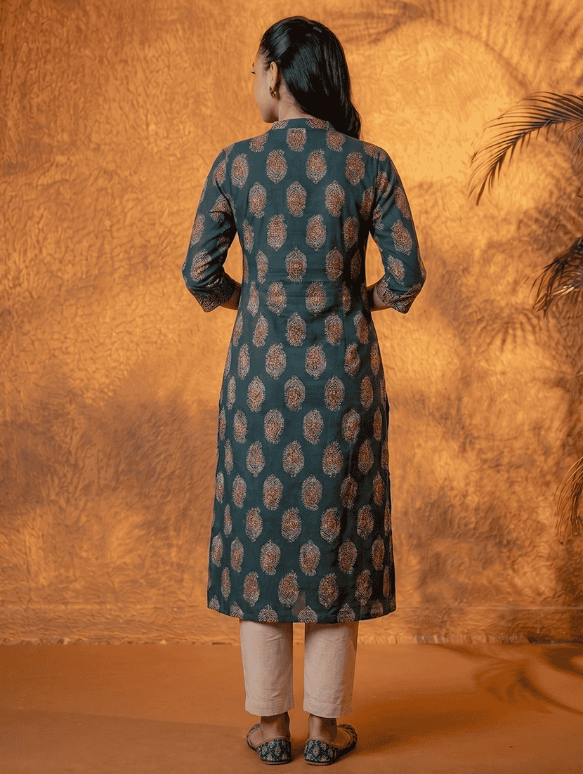 Women Printed Three Quarter Sleeves Straight Kurta - 22550254 -  Standard Image - 3