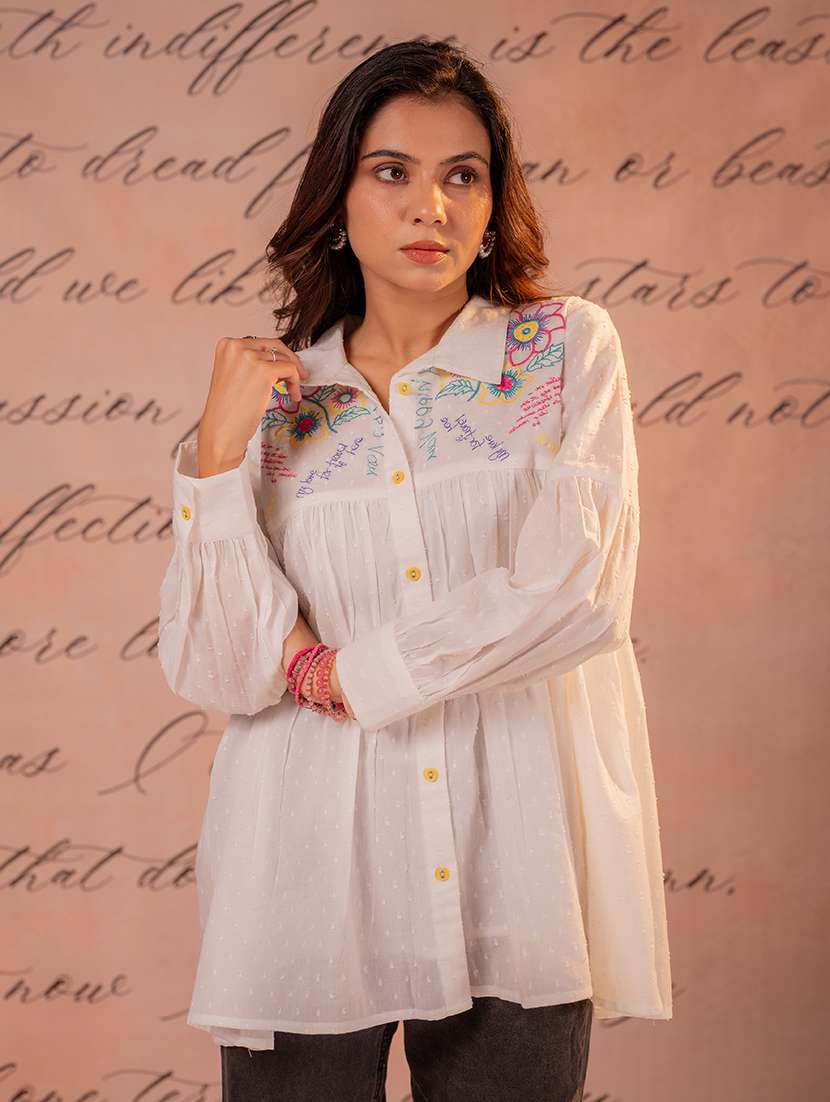 women embroidered collared flared tunic