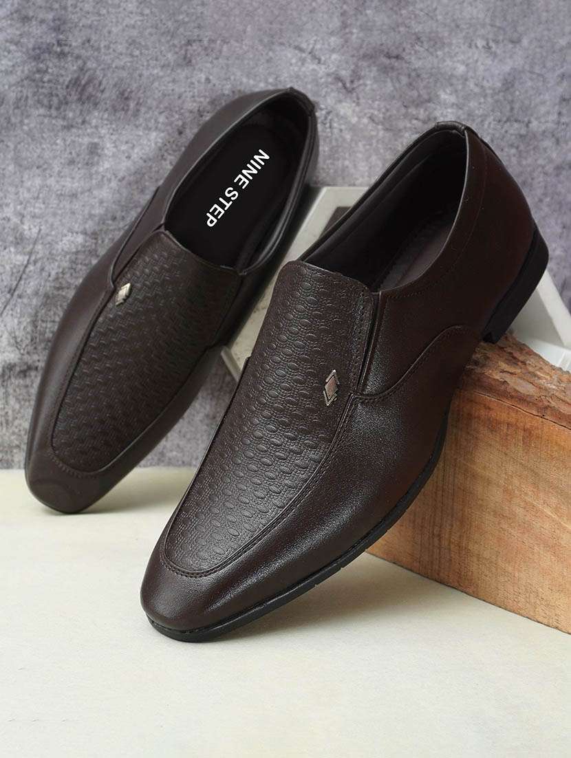 men brown slip on formal shoes