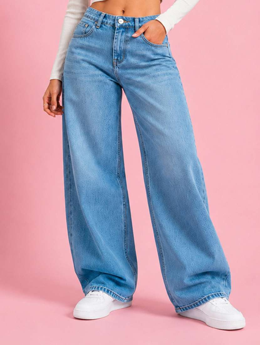 women washed mid rise baggy jeans