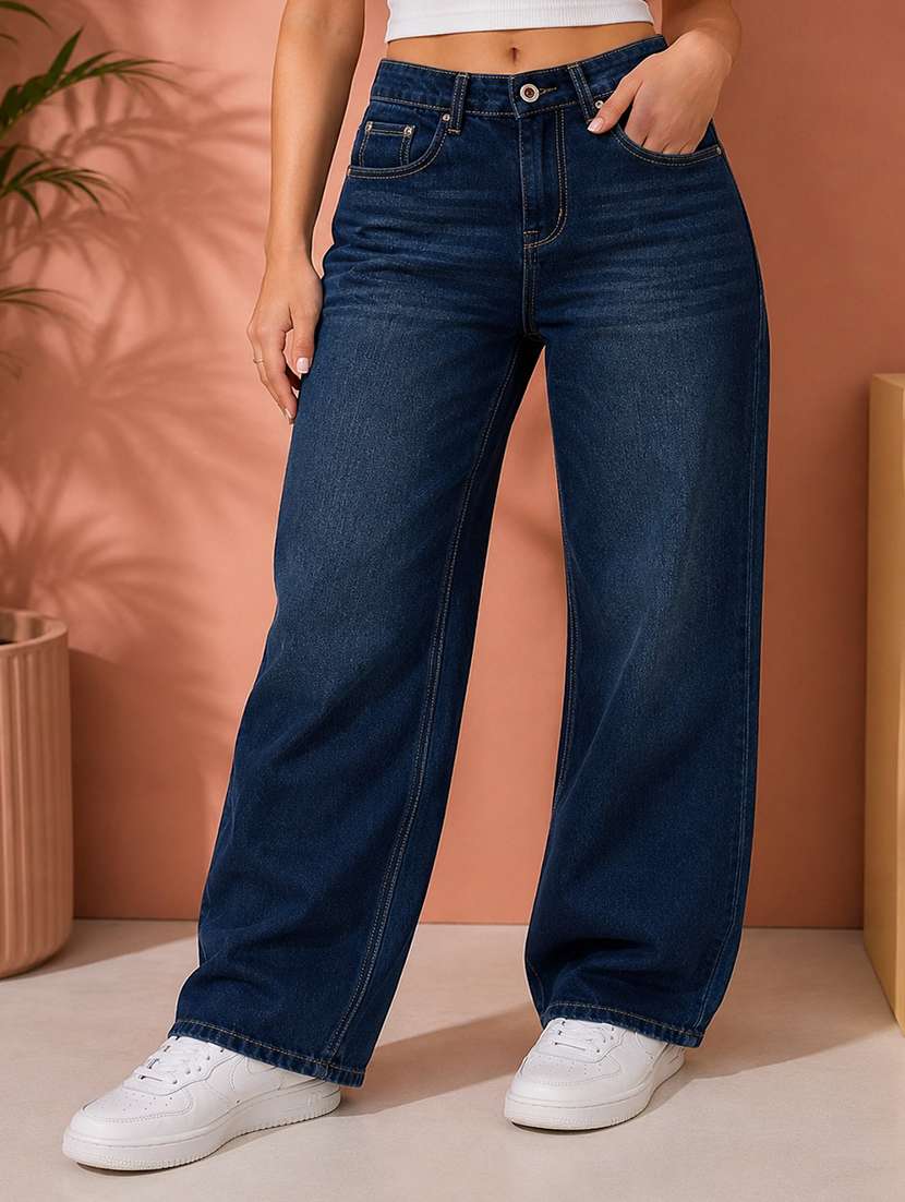 women washed mid rise wide leg jeans