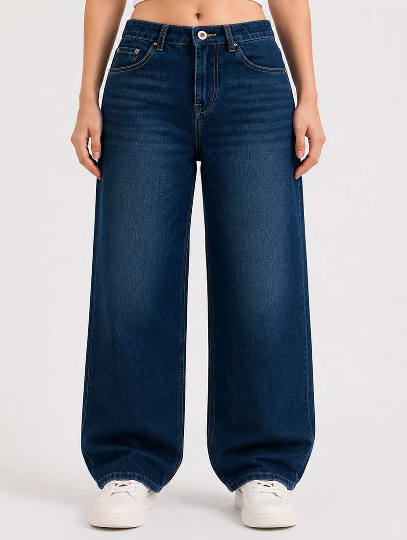 women washed mid rise baggy jeans