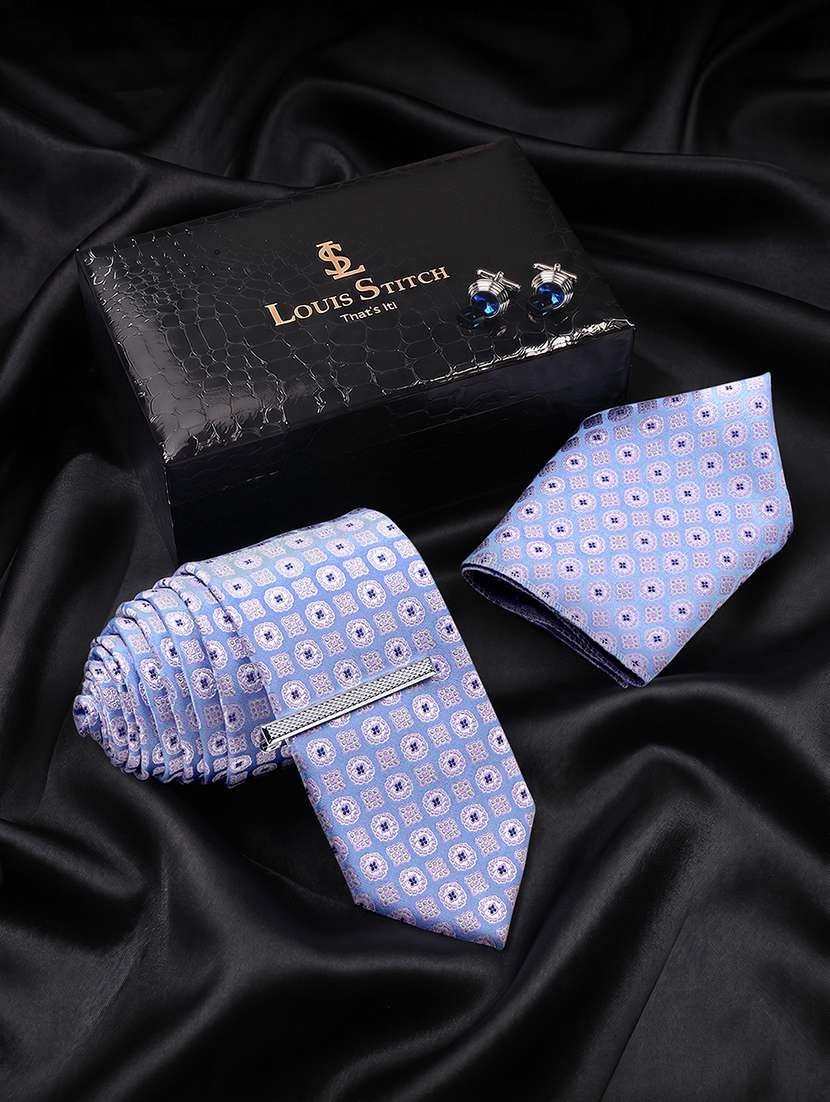 work wear pastel blue polka dot tie set with pocket square and cufflinks