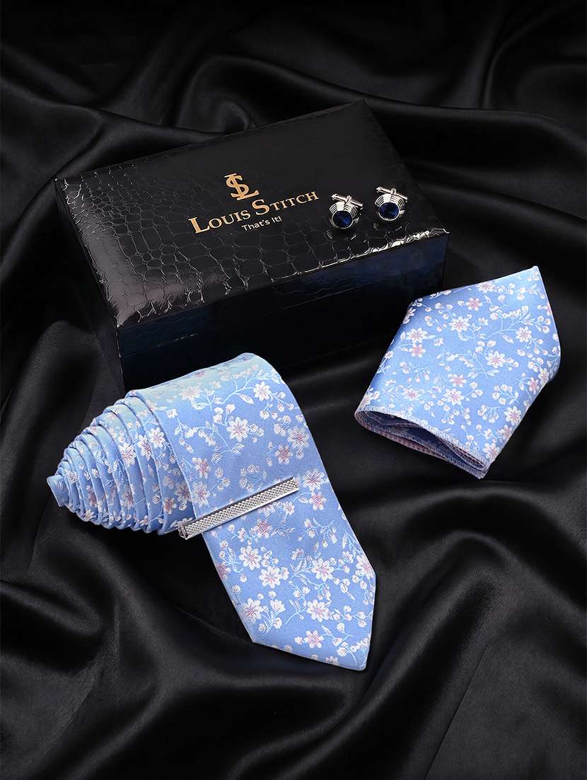 blue floral tie pocket square cufflink combo set
